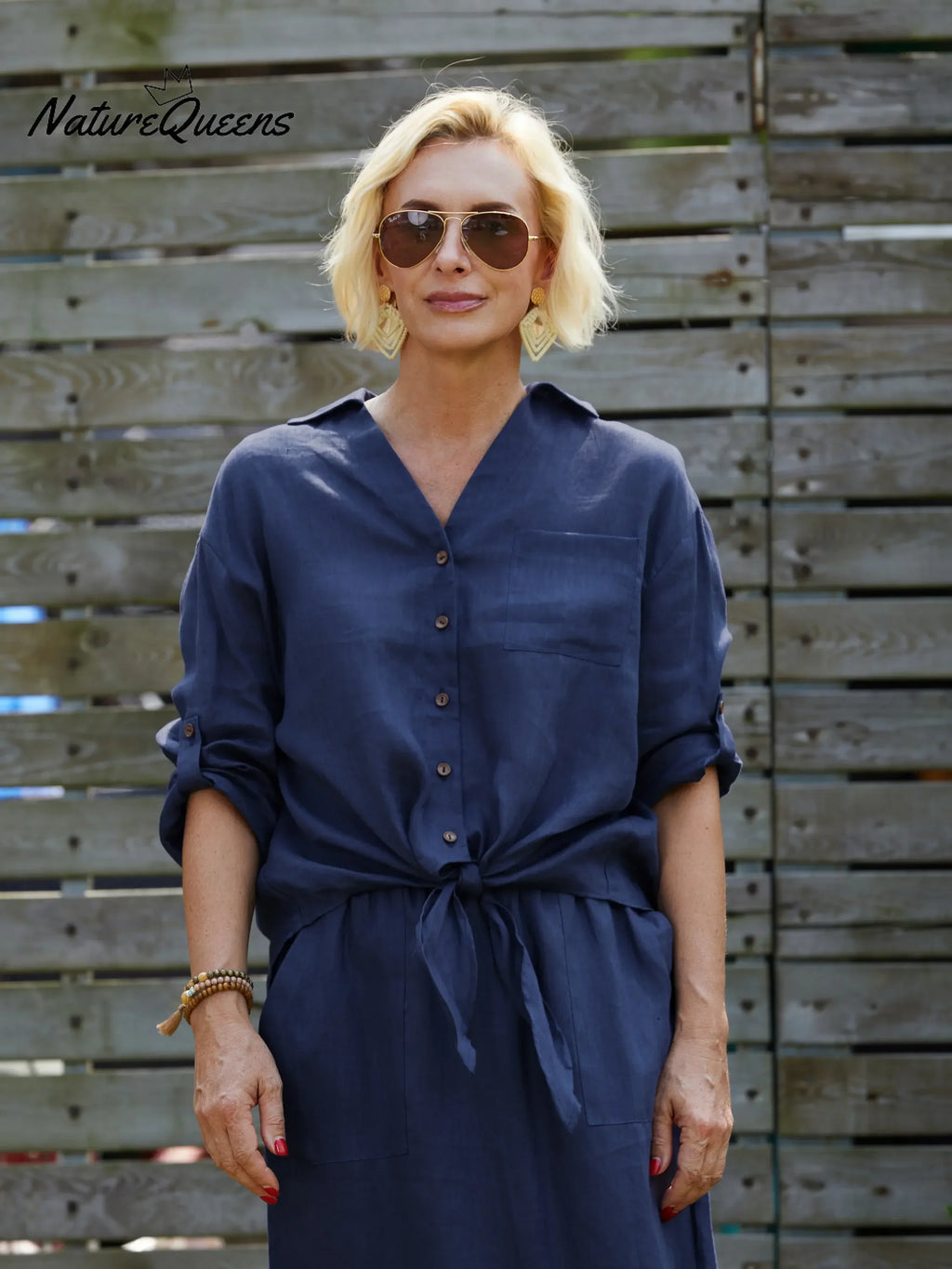 Damen Leinen-Baumwoll-Mischung V-Ausschnitt 3/4 Ärmel Lässiger Knoten Cardigan Top