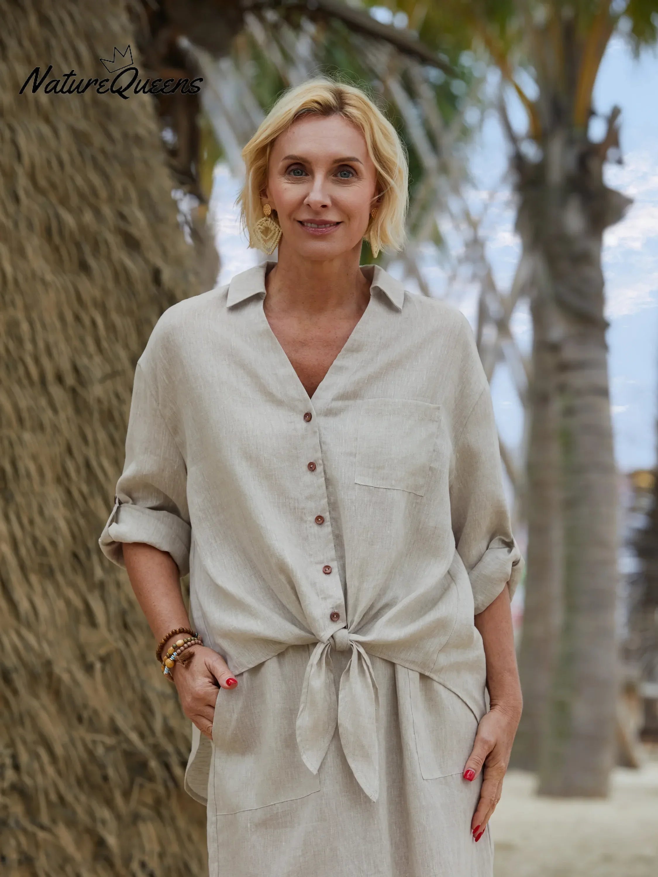 Damen Leinen-Baumwoll-Mischung V-Ausschnitt 3/4 Ärmel Lässiger Knoten Cardigan Top