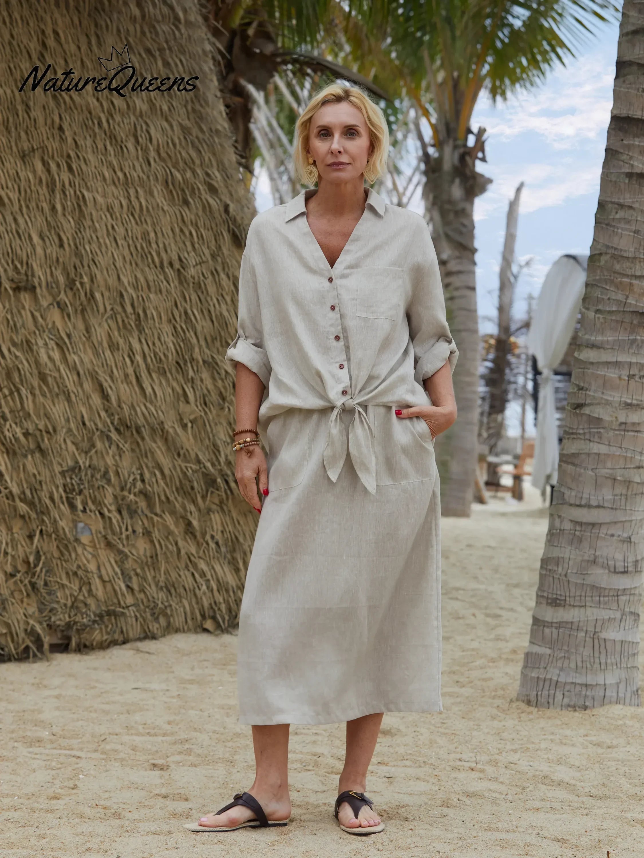 Damen Leinen-Baumwoll-Mischung V-Ausschnitt 3/4 Ärmel Lässiger Knoten Cardigan Top