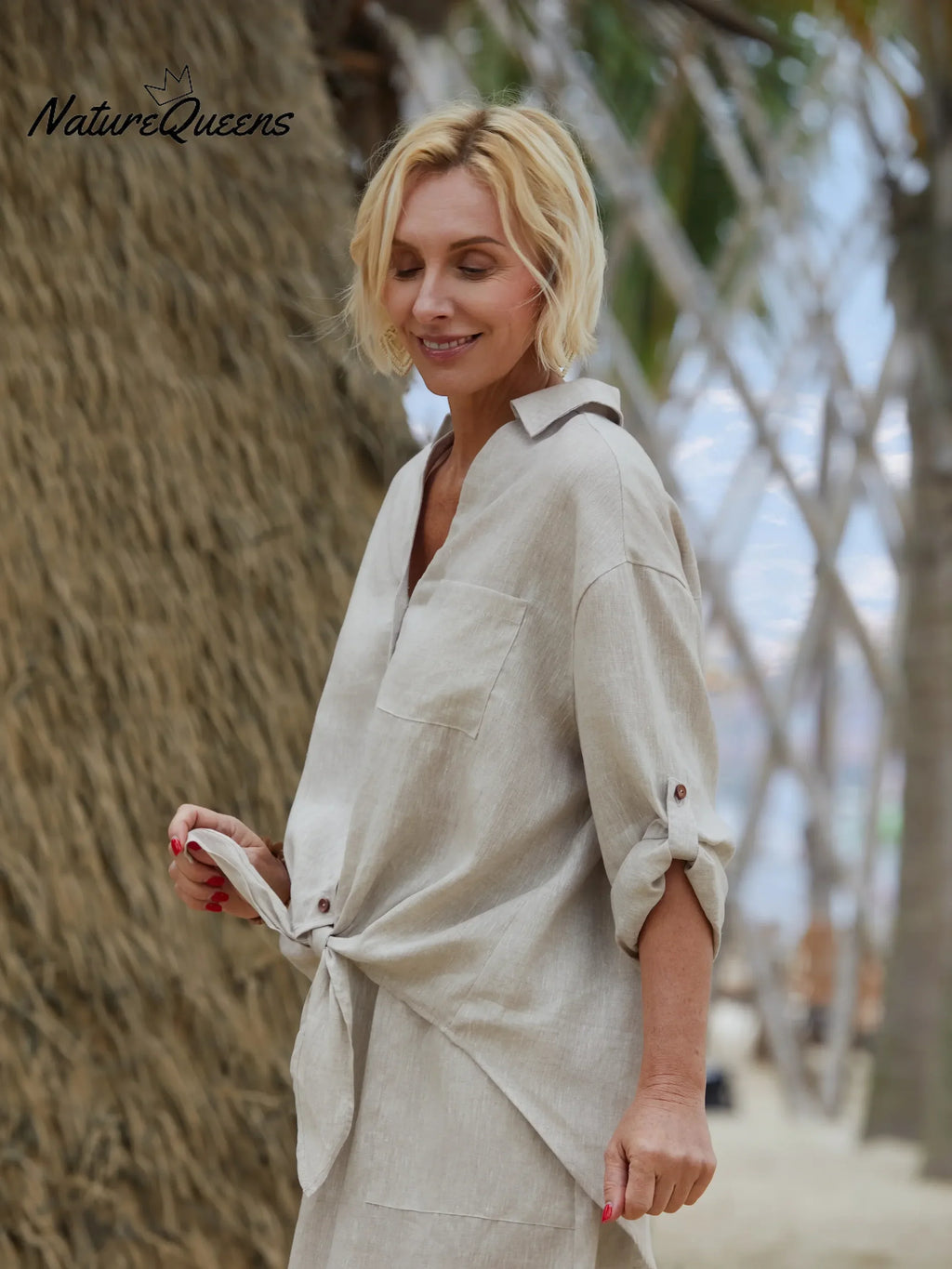Damen Leinen-Baumwoll-Mischung V-Ausschnitt 3/4 Ärmel Lässiger Knoten Cardigan Top