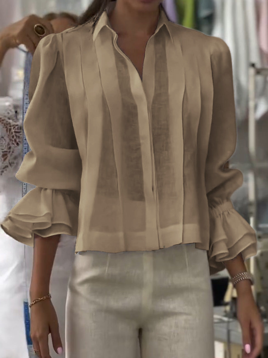 Damen Einfarbiger Revers Langarm Lässiger Lockere Leinen Cardigan Top