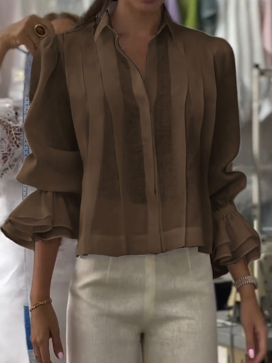 Damen Einfarbiger Revers Langarm Lässiger Lockere Leinen Cardigan Top