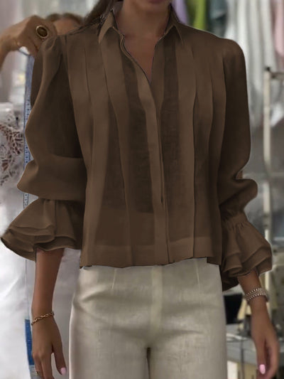Damen Einfarbiger Revers Langarm Lässiger Lockere Leinen Cardigan Top