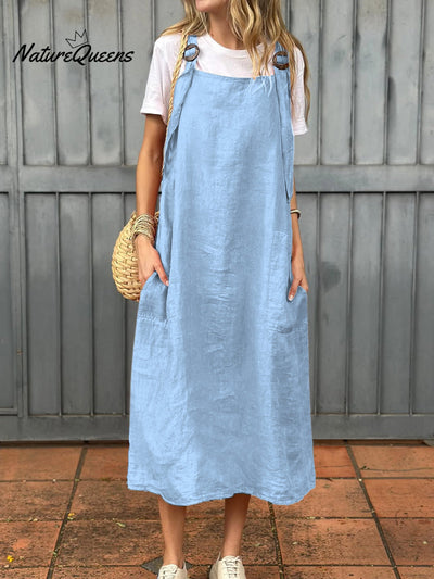 Damen Kleid aus Baumwolle und Leinen mit verstellbarem Schulterriemen und Taschen