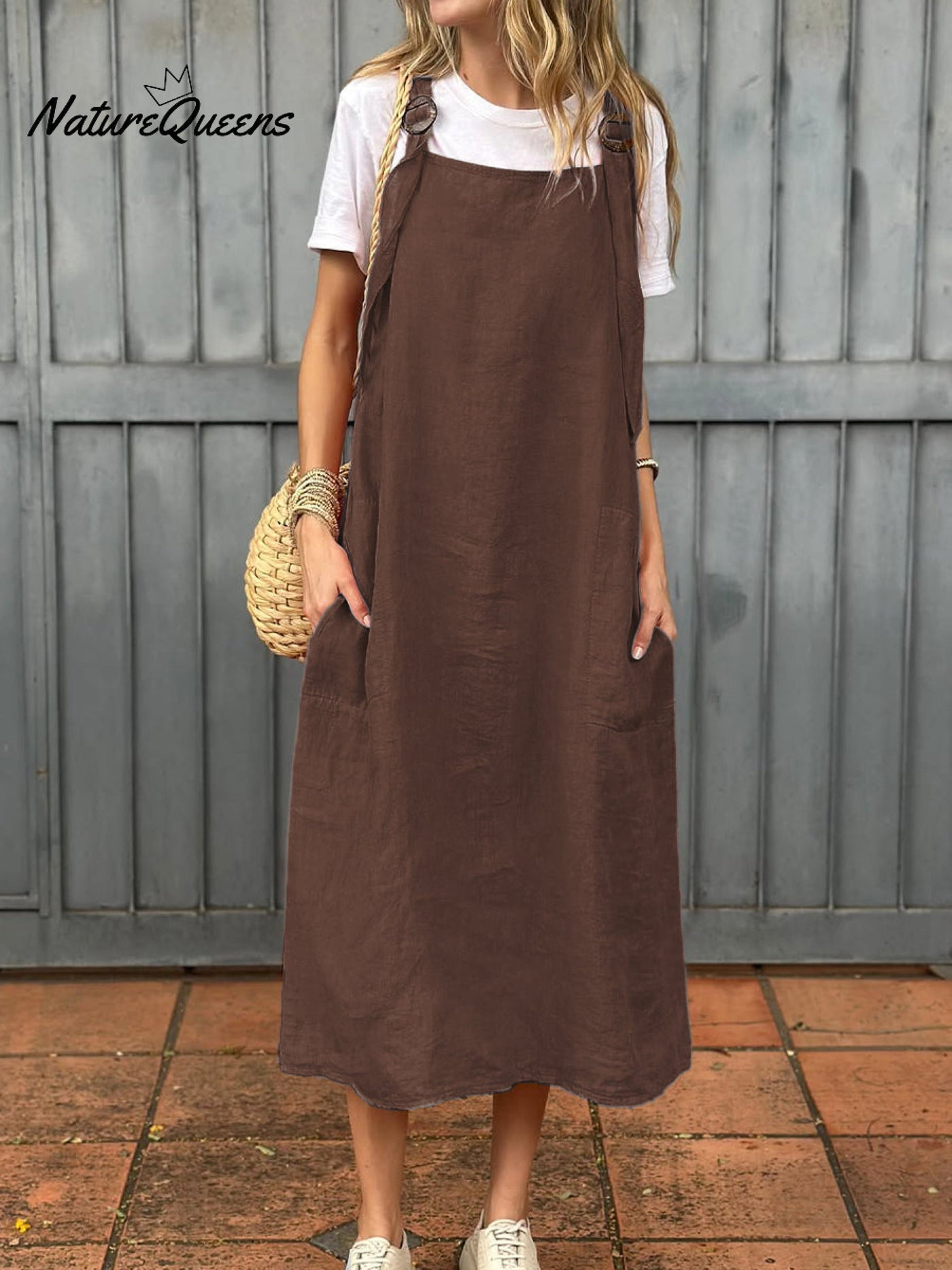Damen Kleid aus Baumwolle und Leinen mit verstellbarem Schulterriemen und Taschen