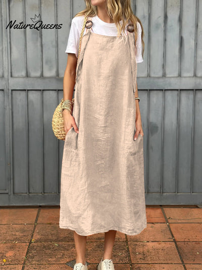Damen Kleid aus Baumwolle und Leinen mit verstellbarem Schulterriemen und Taschen