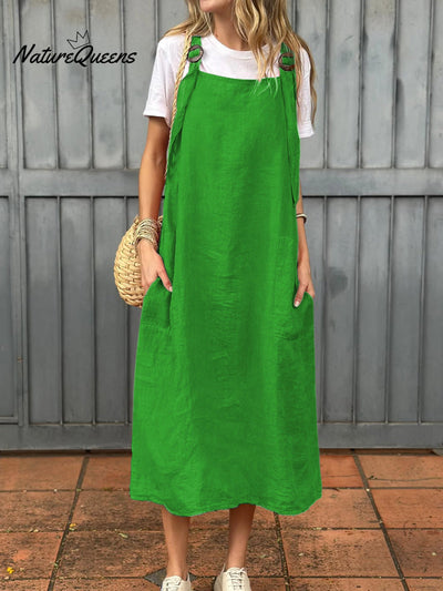 Damen Kleid aus Baumwolle und Leinen mit verstellbarem Schulterriemen und Taschen