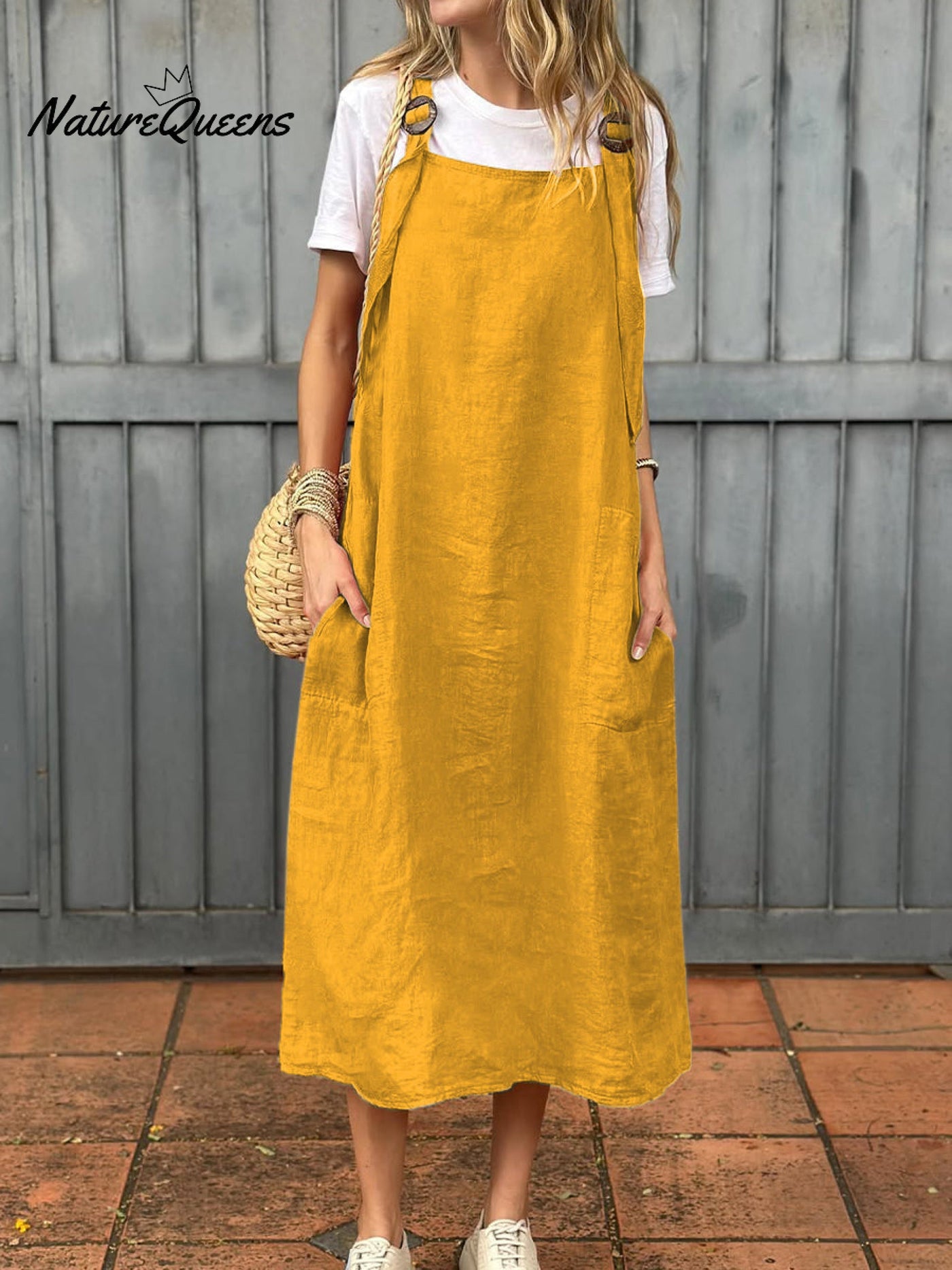 Damen Kleid aus Baumwolle und Leinen mit verstellbarem Schulterriemen und Taschen