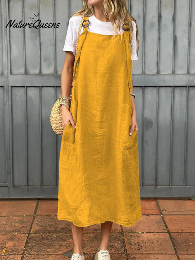 Damen Kleid aus Baumwolle und Leinen mit verstellbarem Schulterriemen und Taschen