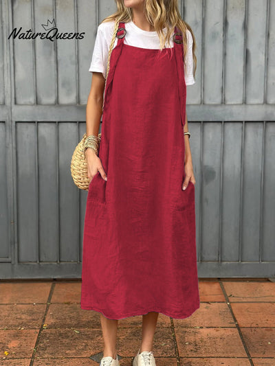 Damen Kleid aus Baumwolle und Leinen mit verstellbarem Schulterriemen und Taschen