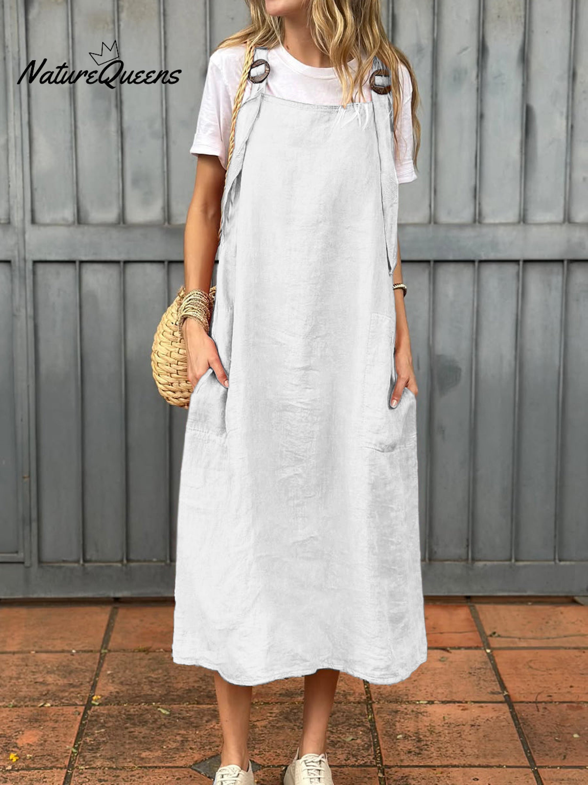 Damen Kleid aus Baumwolle und Leinen mit verstellbarem Schulterriemen und Taschen