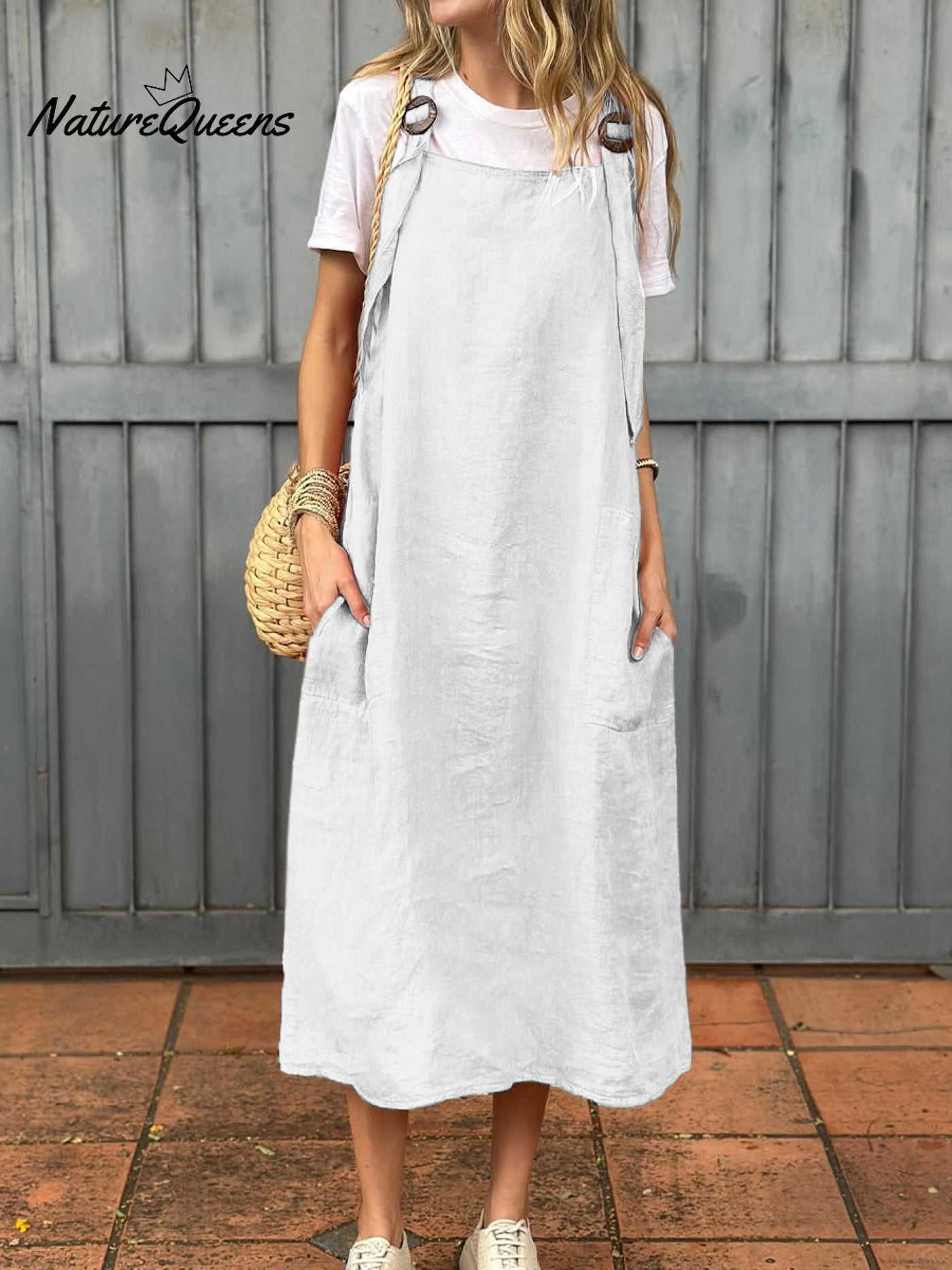 Damen Kleid aus Baumwolle und Leinen mit verstellbarem Schulterriemen und Taschen