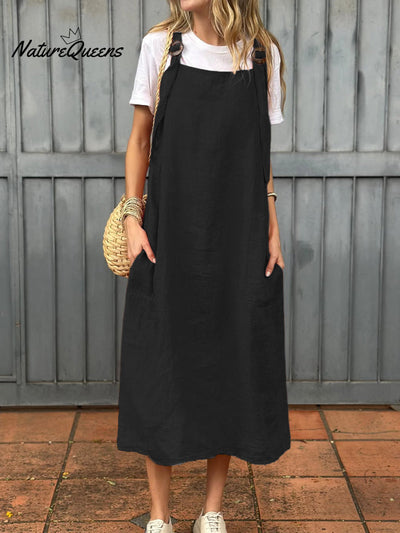 Damen Kleid aus Baumwolle und Leinen mit verstellbarem Schulterriemen und Taschen