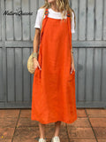 Damen Kleid aus Baumwolle und Leinen mit verstellbarem Schulterriemen und Taschen