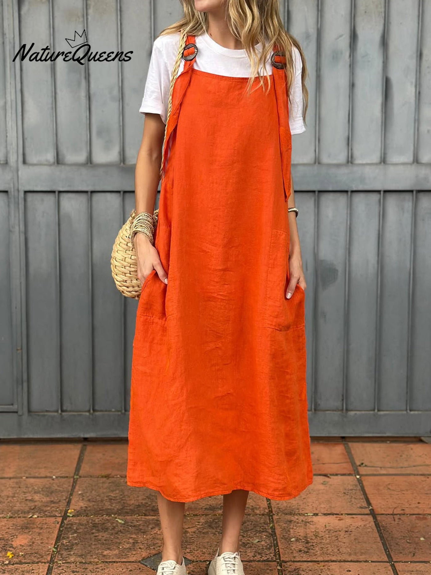 Damen Kleid aus Baumwolle und Leinen mit verstellbarem Schulterriemen und Taschen