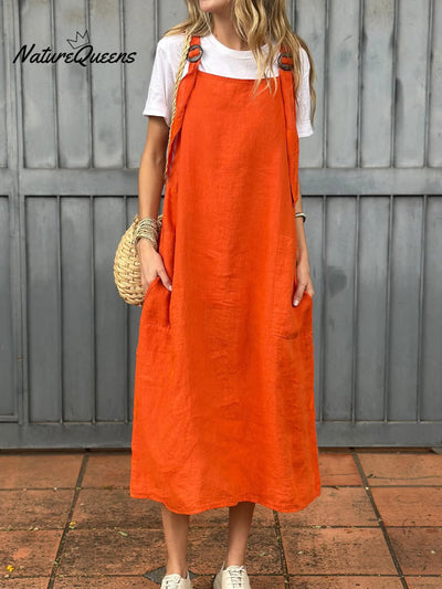 Damen Kleid aus Baumwolle und Leinen mit verstellbarem Schulterriemen und Taschen