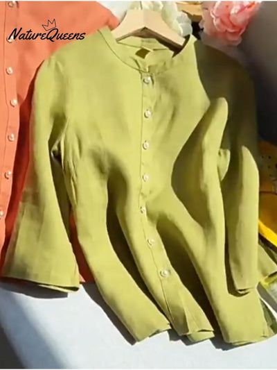 Damen Tencel Leinen Stehkragen Perlenknopf Hemd