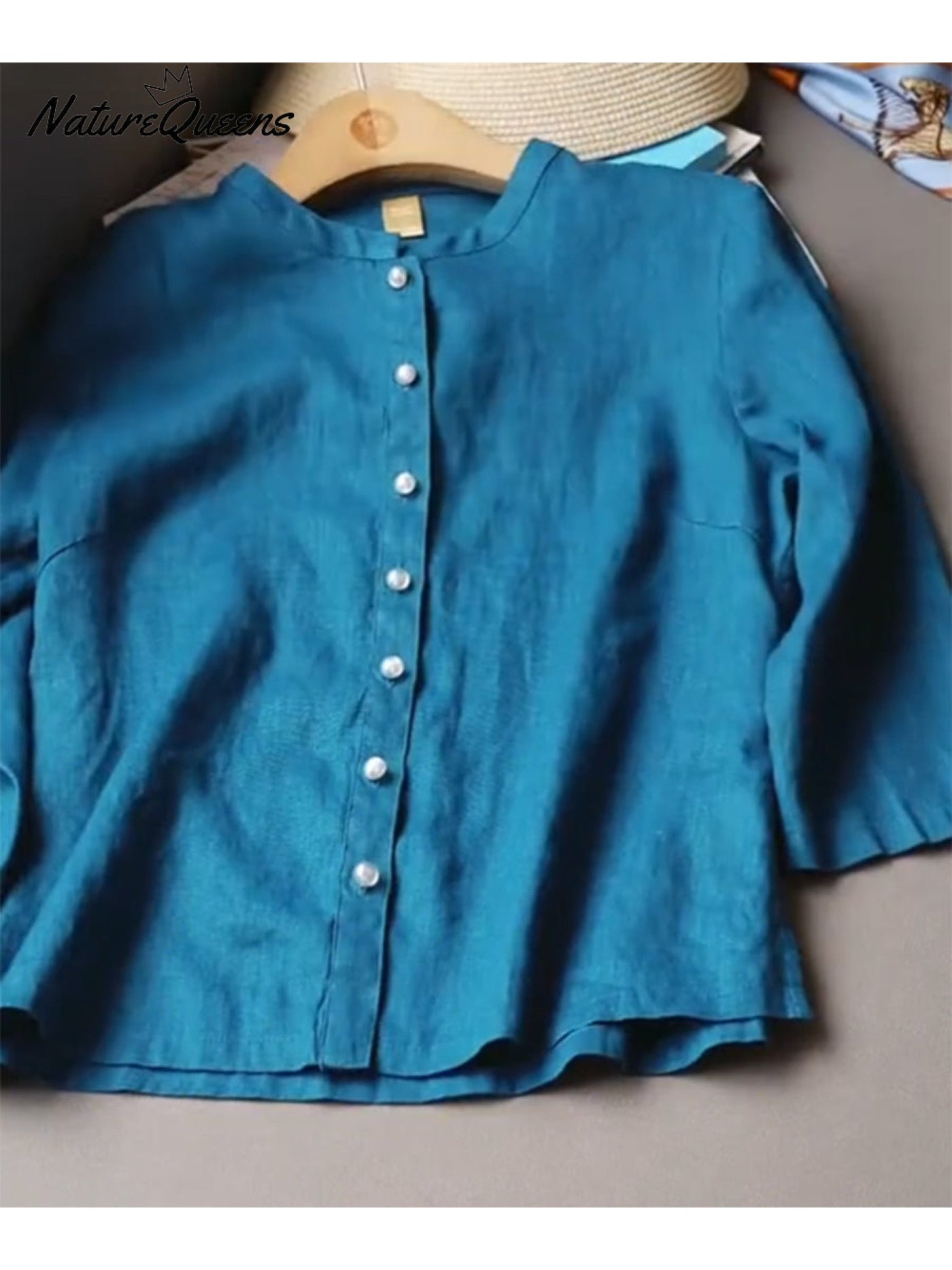 Damen Tencel-Leinen Stehkragen Perlenknopf Hemd