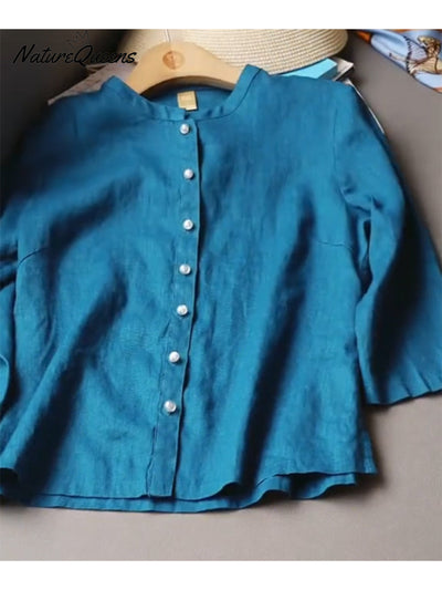 Damen Tencel-Leinen Stehkragen Perlenknopf Hemd