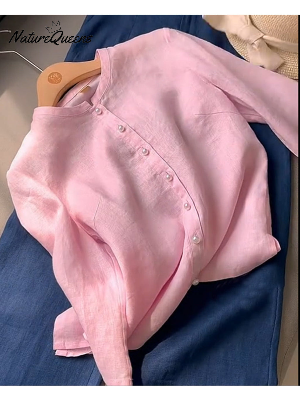 Damen Tencel Leinen Stehkragen Perlenknopf Hemd