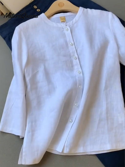 Damen Tencel Leinen Stehkragen Perlenknopf Hemd