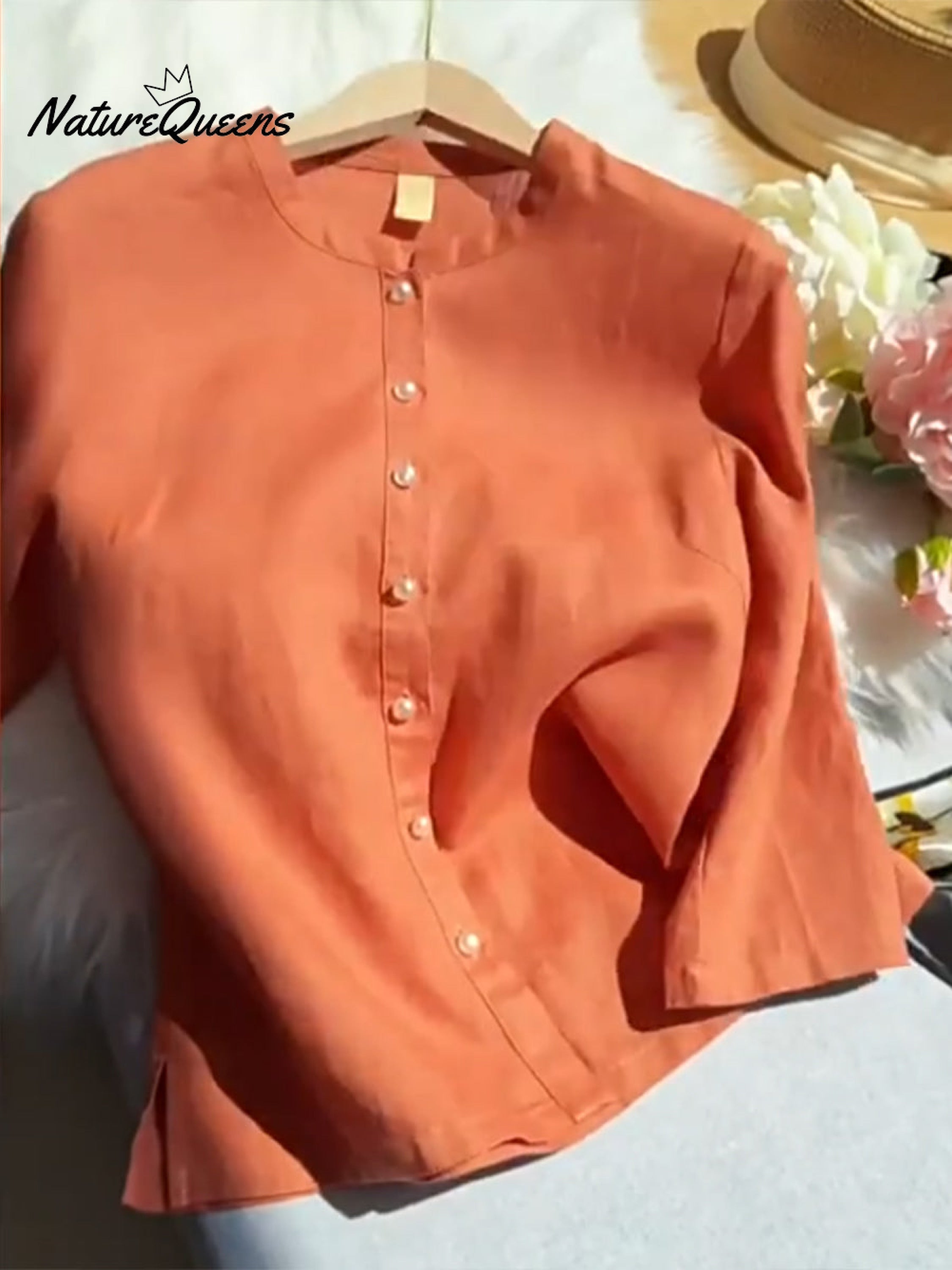 Damen Tencel Leinen Stehkragen Perlenknopf Hemd