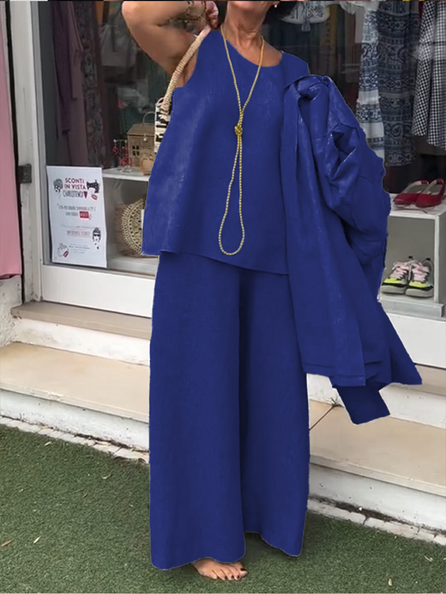 Damen Freizeit Baumwolle und Leinen ärmelloses Top und Hose Zwei-teil Set