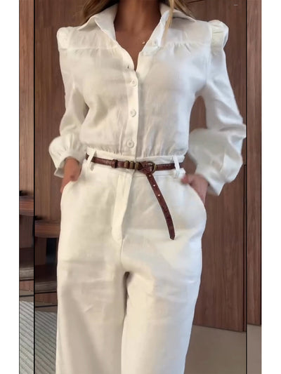Damen Leinen- und Baumwoll-Overall mit langen Ärmeln und Knopftaschen