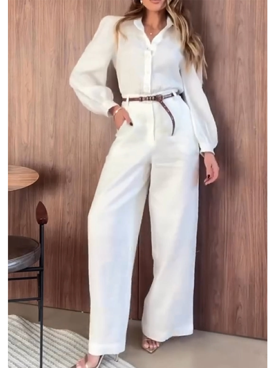 Damen Leinen- und Baumwoll-Overall mit langen Ärmeln und Knopftaschen