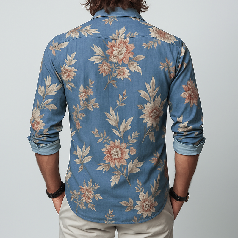 Herren Blümchen Revers Brusttasche Langarmshirt