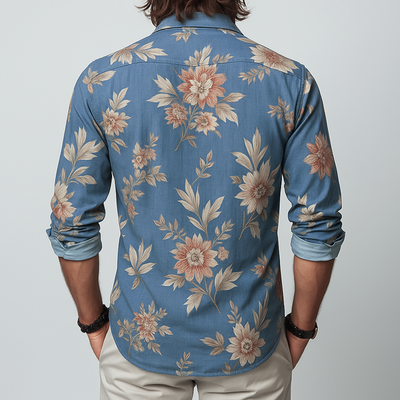 Herren Blümchen Revers Brusttasche Langarmshirt