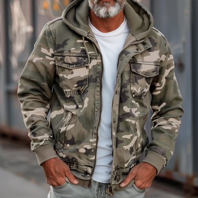 Herren Camouflage Kapuzen Multi-Taschen Zip Cargo Jacke