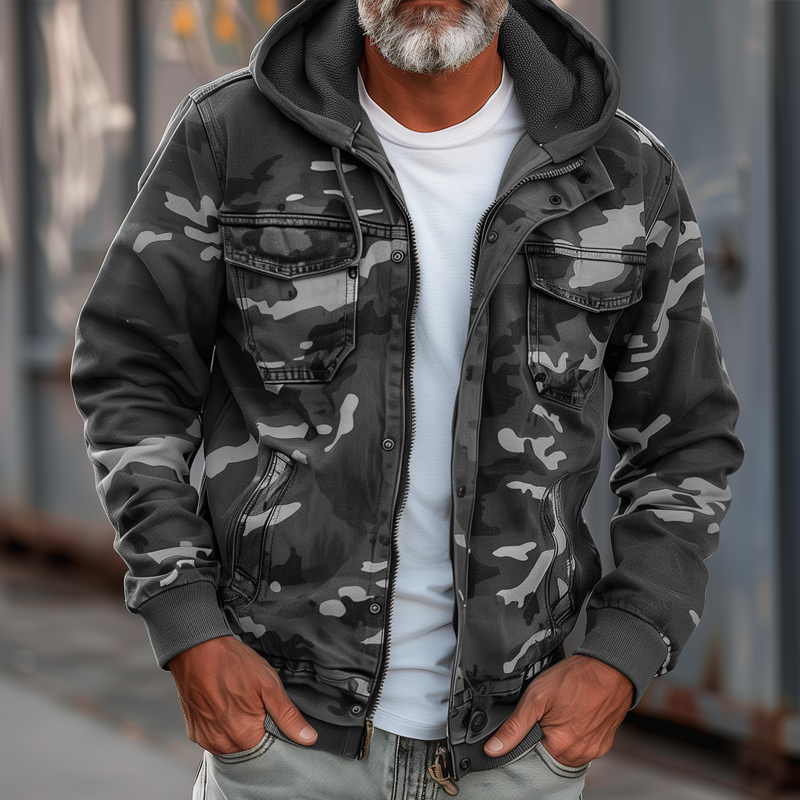 Herren Camouflage Kapuzen Multi-Taschen Zip Cargo Jacke