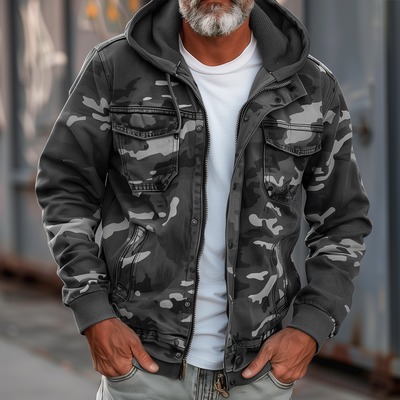 Herren Camouflage Kapuzen Multi-Taschen Zip Cargo Jacke