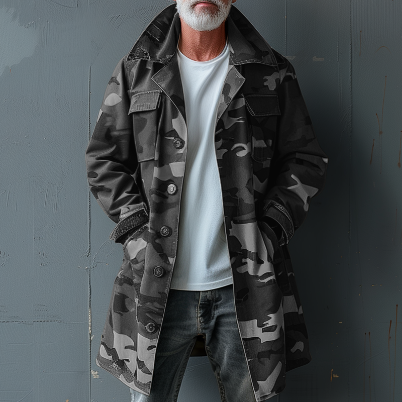 Herren Camouflage Revers Brusttasche Einreiher Mid-Length Cargo Trenchcoat
