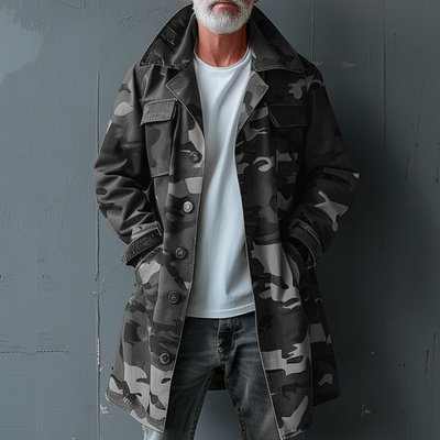 Herren Camouflage Revers Brusttasche Einreiher Mid-Length Cargo Trenchcoat