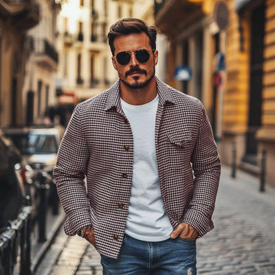 Herren Vintage Hahnentritt Revers Einreiher Hemdjacke