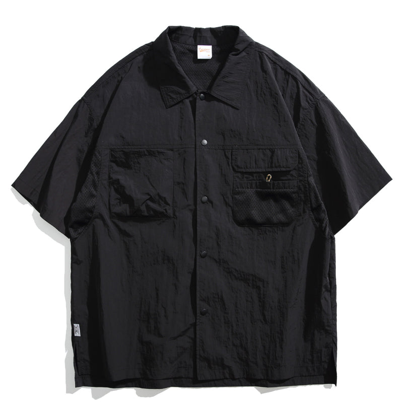 Japanisches Retro Mehrfach-Taschen Patchwork Lockere T-Shirt