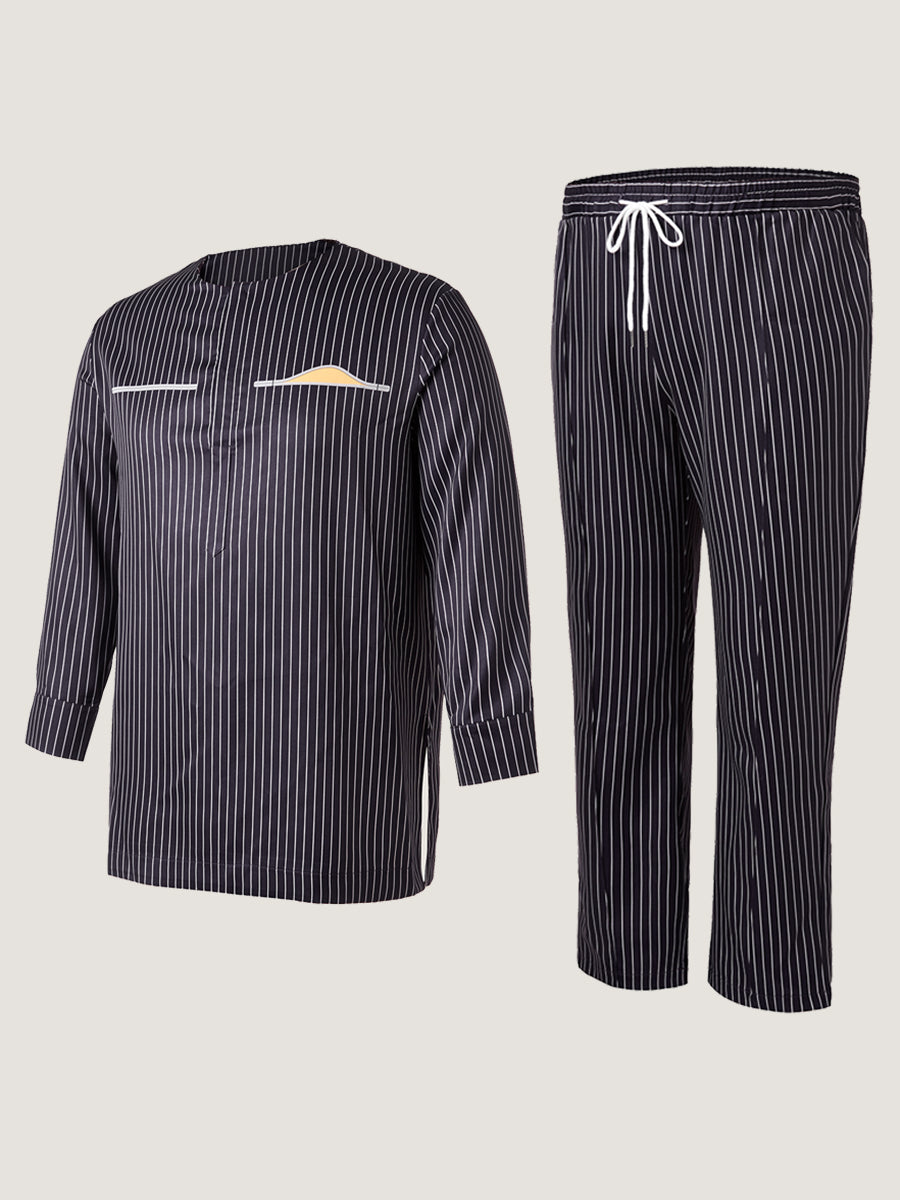 Plus Size Gestreifter Druck Langarm Herren Set