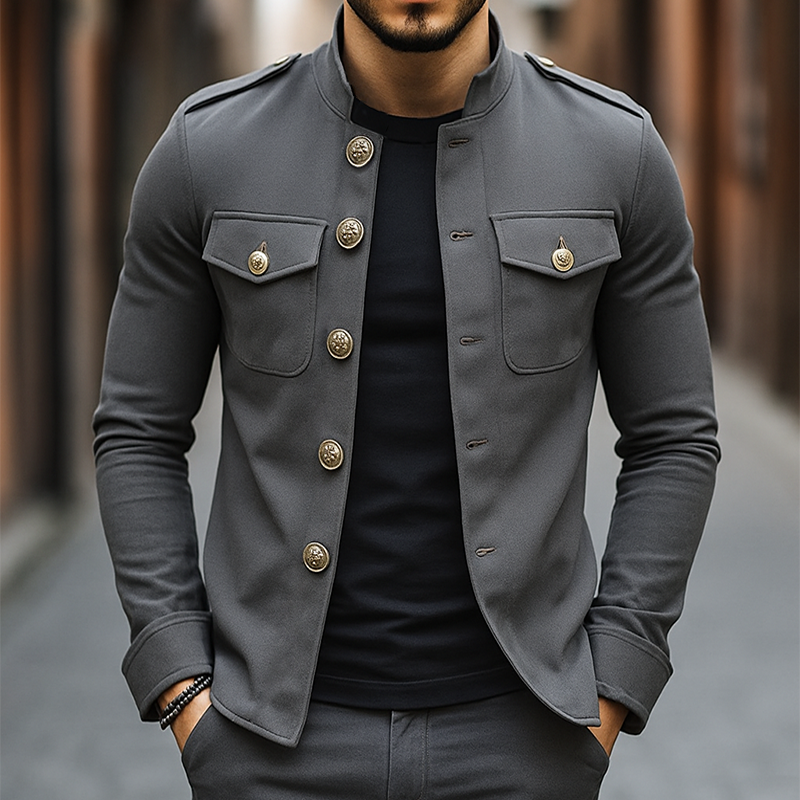 Herren Vintage Casual Einfarbige Stehkragen Knopfjacke
