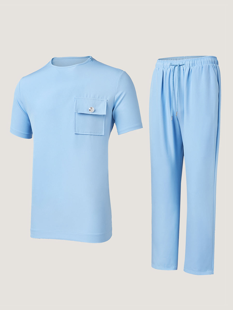 Plus Size Blau Kurzarm Herren Set