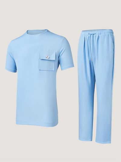 Plus Size Blau Kurzarm Herren Set