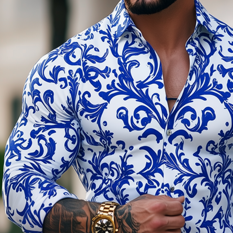 Herren Retro Freizeit Hemd mit blau-weißer Porzellan-Druck und Revers, Langarm