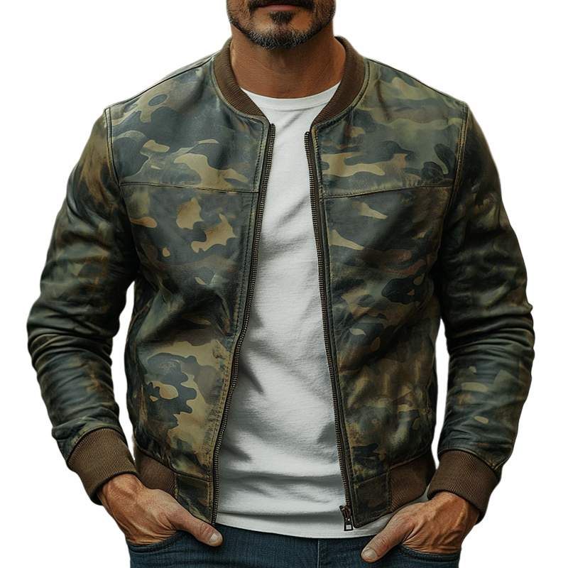 Herren Freizeit Camouflage Baseball Lederjacke