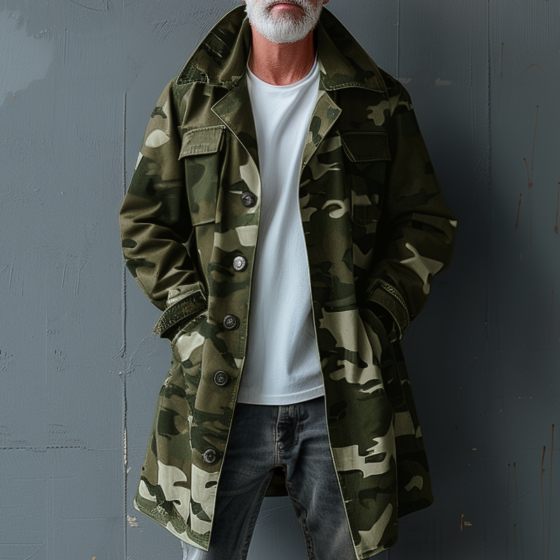 Herren Camouflage Revers Brusttasche Einreiher Mid-Length Cargo Trenchcoat
