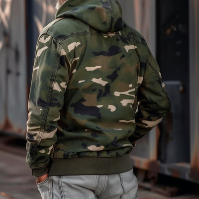 Herren Camouflage Kapuzen Multi-Taschen Zip Cargo Jacke