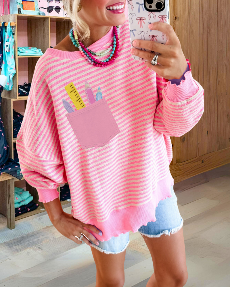 Gestreiftes Sweatshirt mit bestickter Bleistifttasche