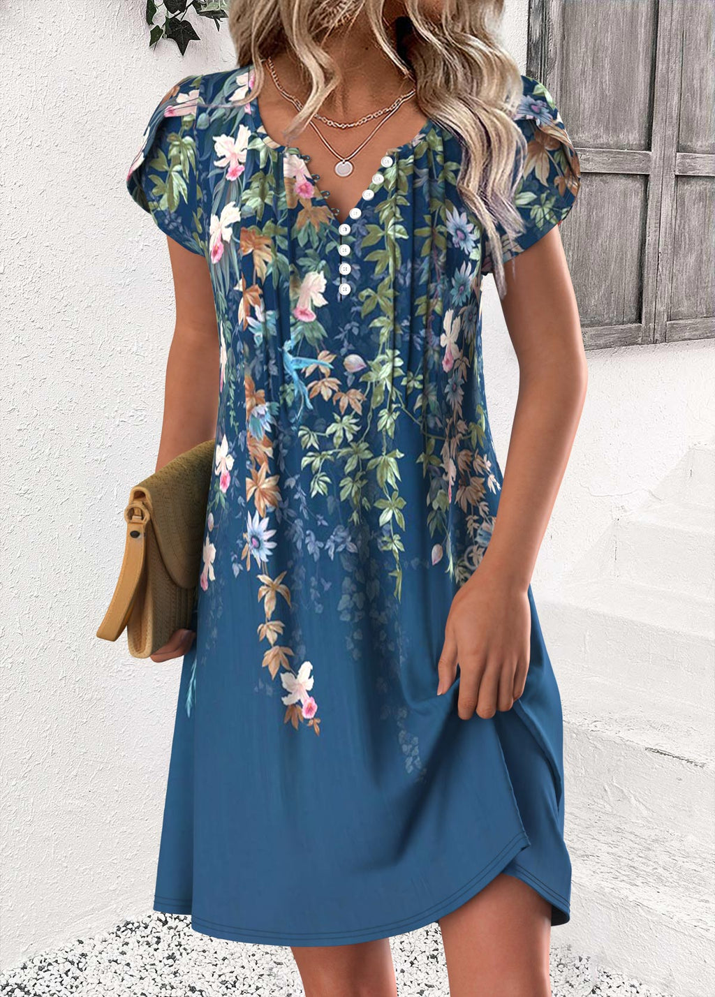 Luna Mehrfarbiger Floral-Druck Kurzes Kleid mit Spaltkragen