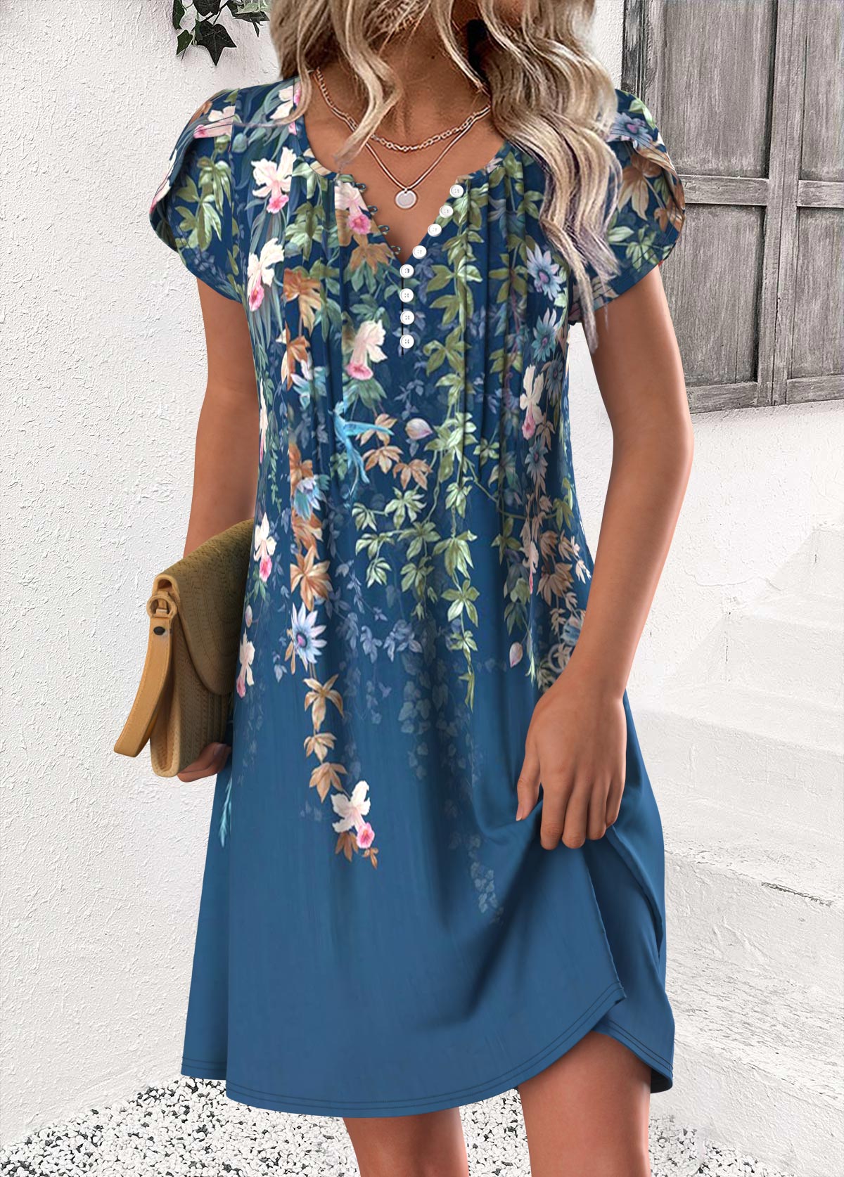 Luna Mehrfarbiger Floral-Druck Kurzes Kleid mit Spaltkragen