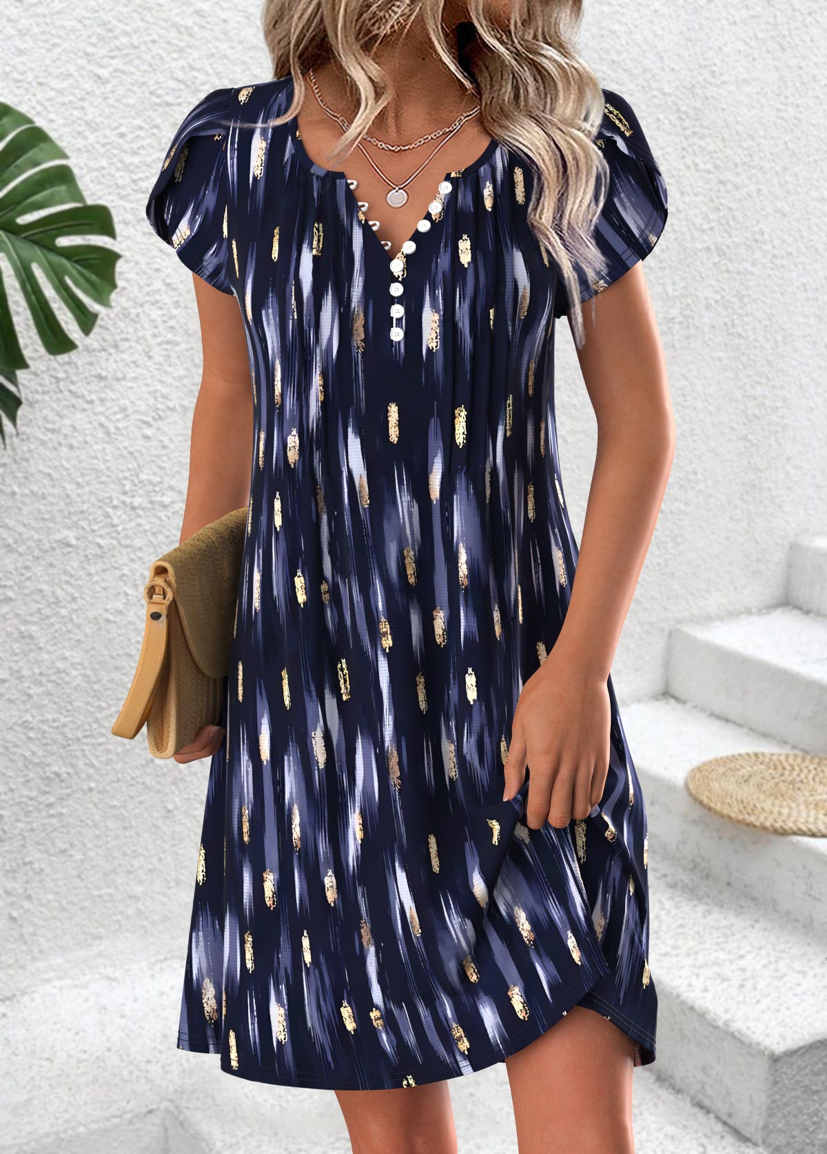 Luna Mehrfarbiger Floral-Druck Kurzes Kleid mit Spaltkragen